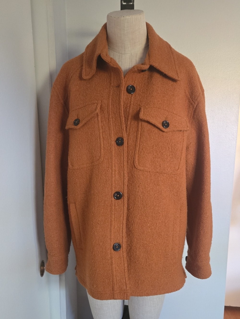 Avec Les Filles Men's Rust-Orange Wool Button Shirt Jacket